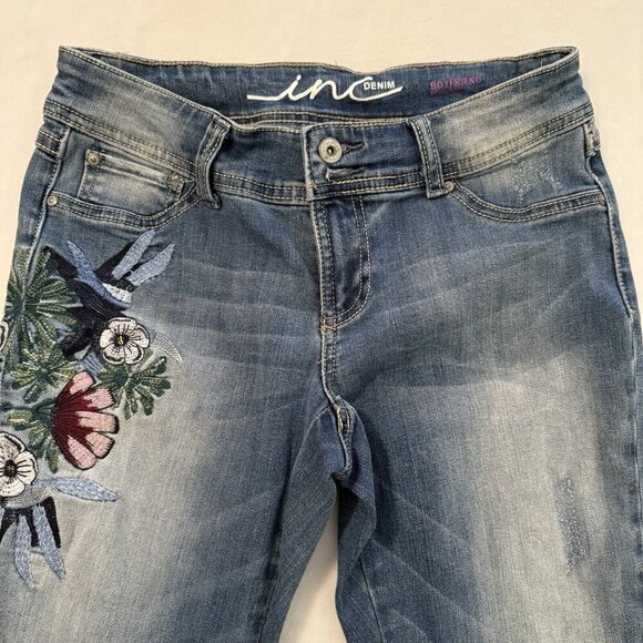 INC Denim Jeans 2 Petite Boyfriend Fit Floral Embroidered Distressed Blue - Picture 3 of 11